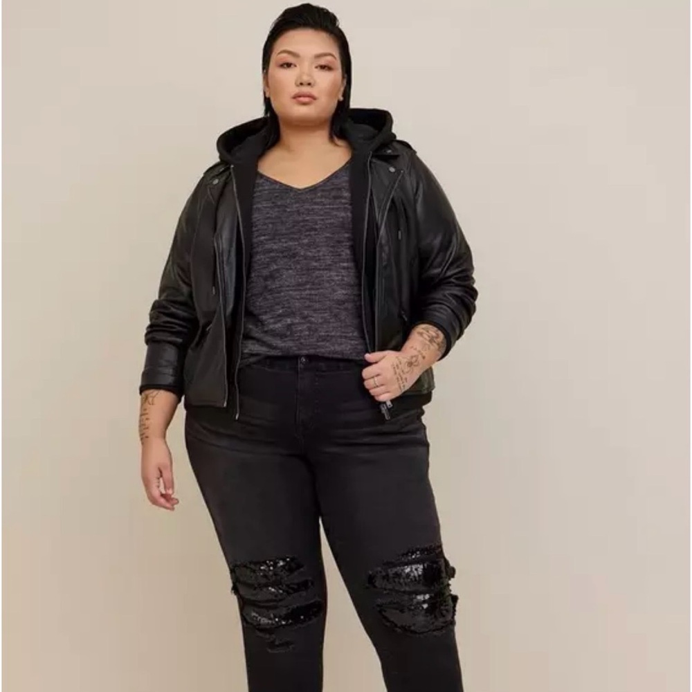 Black Faux Leather Hooded Moto Jacket